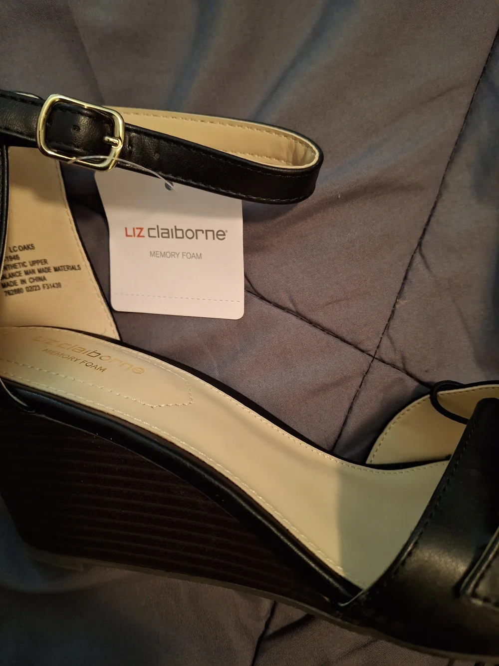 Liz Claiborne Black Leather Wedge Sandals with Gold Buckle Accents